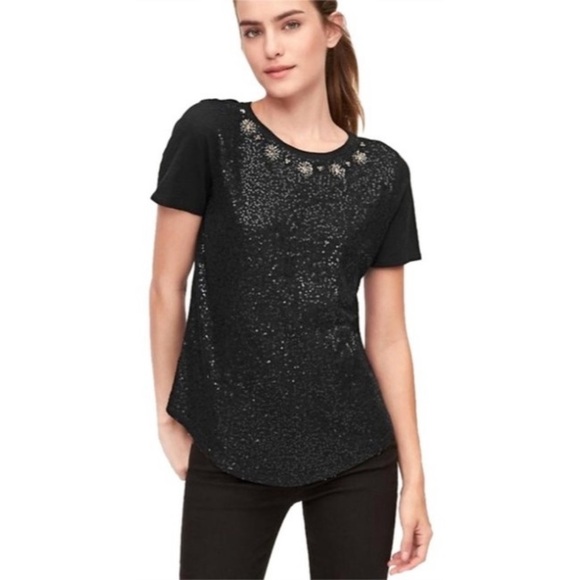 •LOFT• Black Sequin Rhinestone Short Sleeve Top - Size Small - Picture 3 of 8